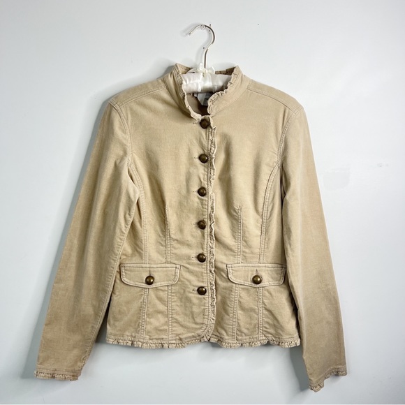 Dress Barn tan corduroy jacket button front ruffle collar hem cuffs Sz S - Picture 2 of 10